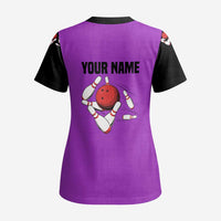 Personalized Purple Black Retro Bowling Scrub Top with Cartoon Strike - undefined