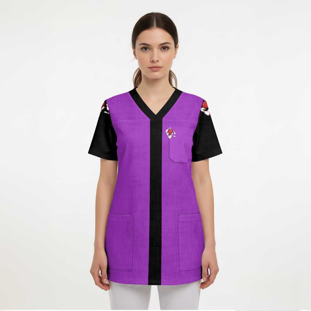 Personalized Purple Black Retro Bowling Scrub Top with Cartoon Strike - undefined