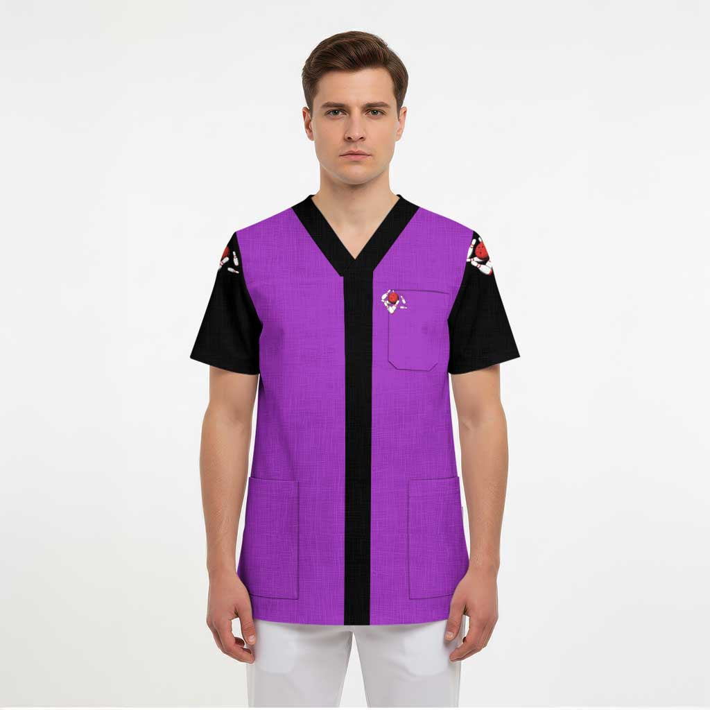 Personalized Purple Black Retro Bowling Scrub Top with Cartoon Strike - undefined