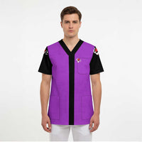 Personalized Purple Black Retro Bowling Scrub Top with Cartoon Strike - undefined