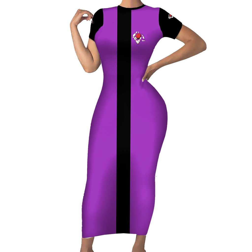 Personalized Purple Black Retro Bowling Short Sleeve Bodycon Dress with Cartoon Strike - Wonder Print Shop