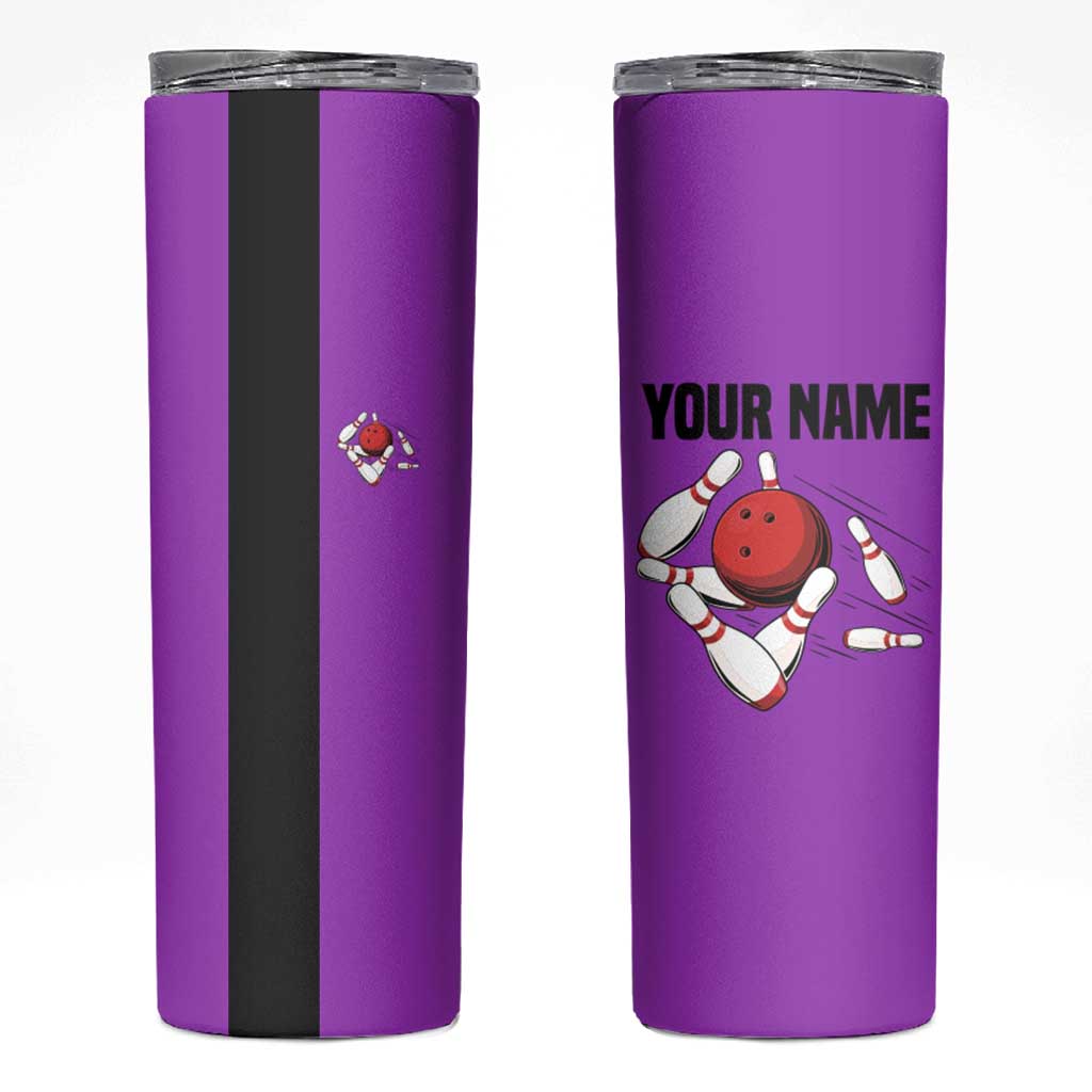 Personalized Purple Black Retro Bowling Skinny Tumbler with Cartoon Strike - Wonder Print Shop