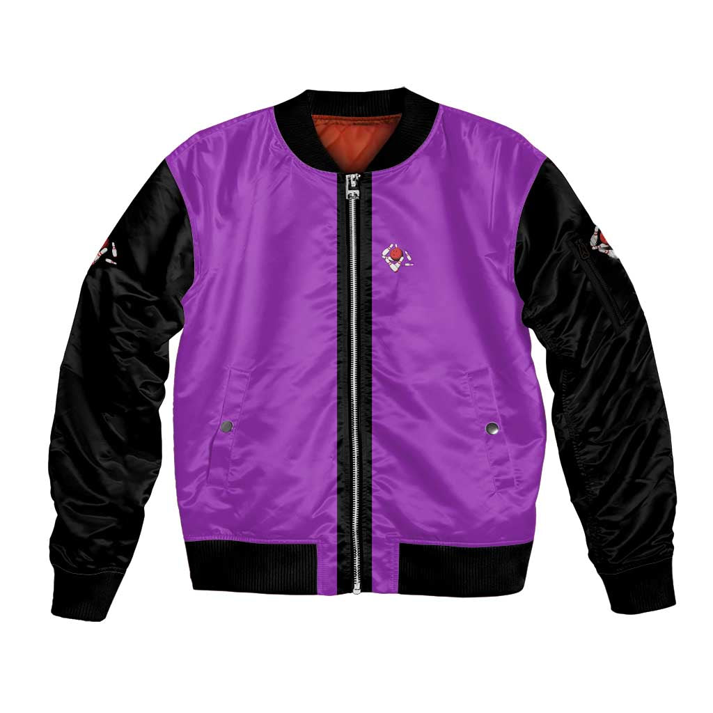 Personalized Purple Black Retro Bowling Sleeve Zip Bomber Jacket with Cartoon Strike - Wonder Print Shop