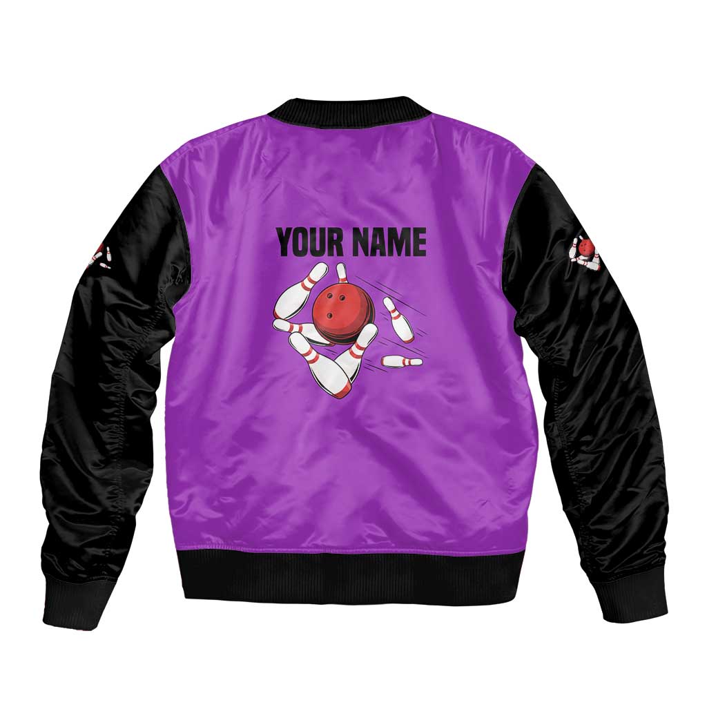 Personalized Purple Black Retro Bowling Sleeve Zip Bomber Jacket with Cartoon Strike - Wonder Print Shop
