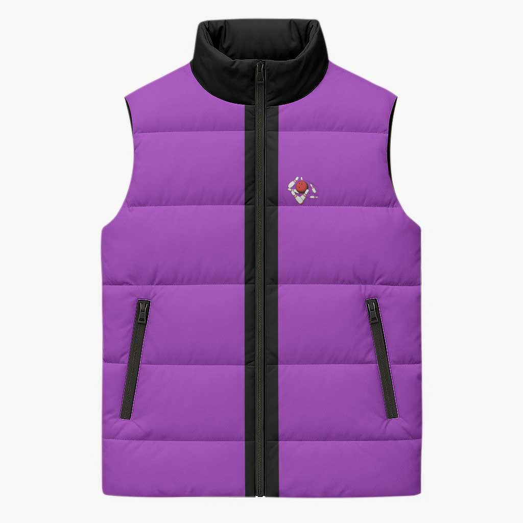 Personalized Purple Black Retro Bowling Sleeveless Puffer Jacket with Cartoon Strike - Wonder Print Shop