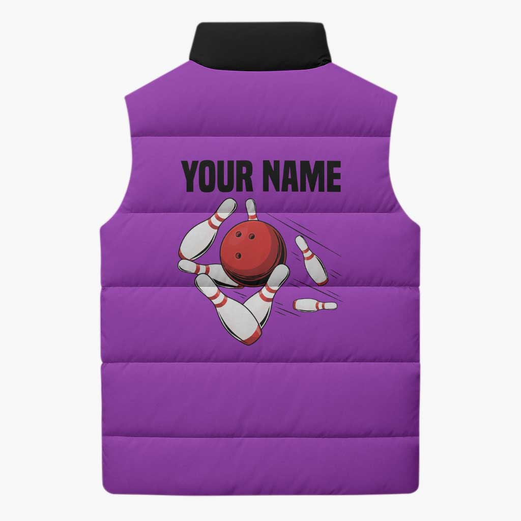 Personalized Purple Black Retro Bowling Sleeveless Puffer Jacket with Cartoon Strike - Wonder Print Shop