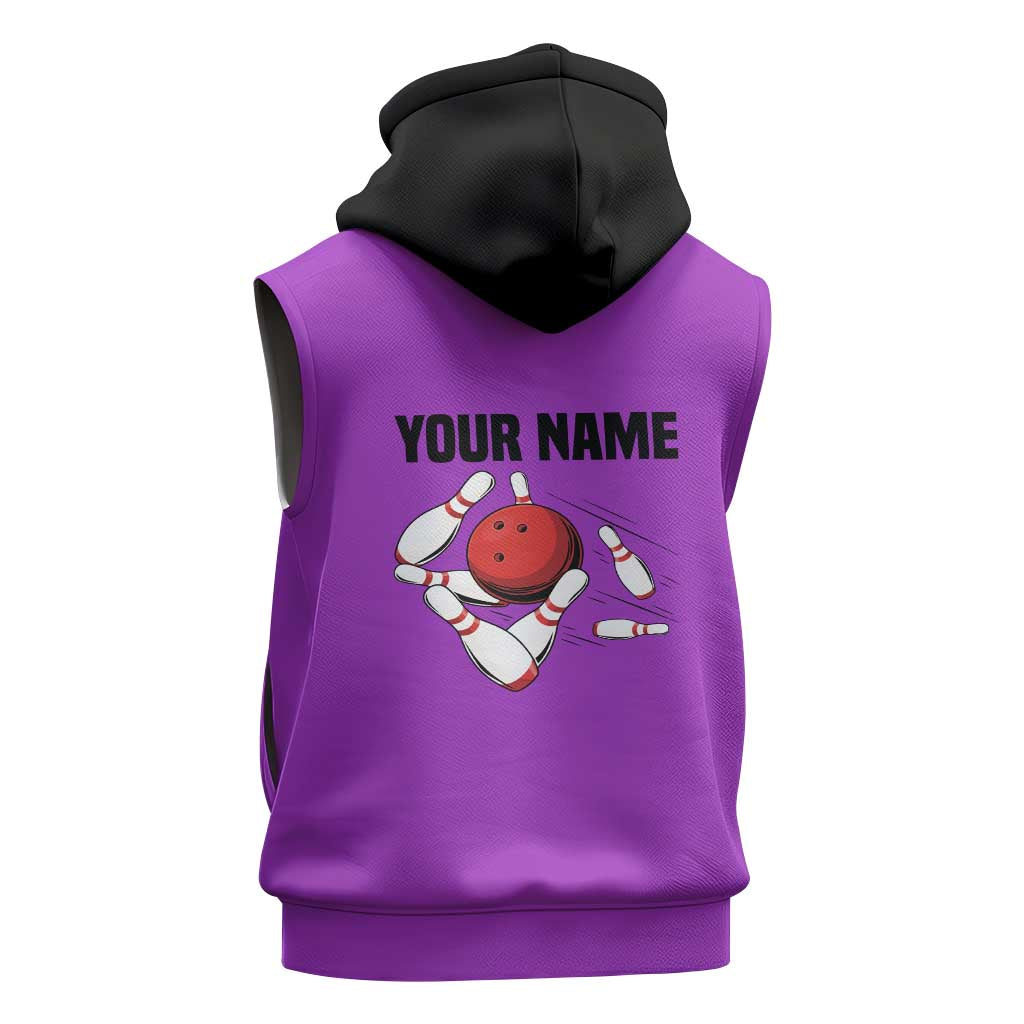 Personalized Purple Black Retro Bowling Sleeveless Zip Hoodie with Cartoon Strike - Wonder Print Shop