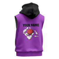 Personalized Purple Black Retro Bowling Sleeveless Zip Hoodie with Cartoon Strike - Wonder Print Shop