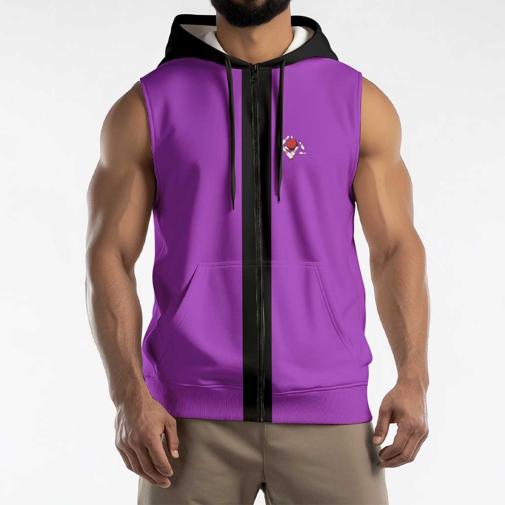 Personalized Purple Black Retro Bowling Sleeveless Zip Hoodie with Cartoon Strike - Wonder Print Shop