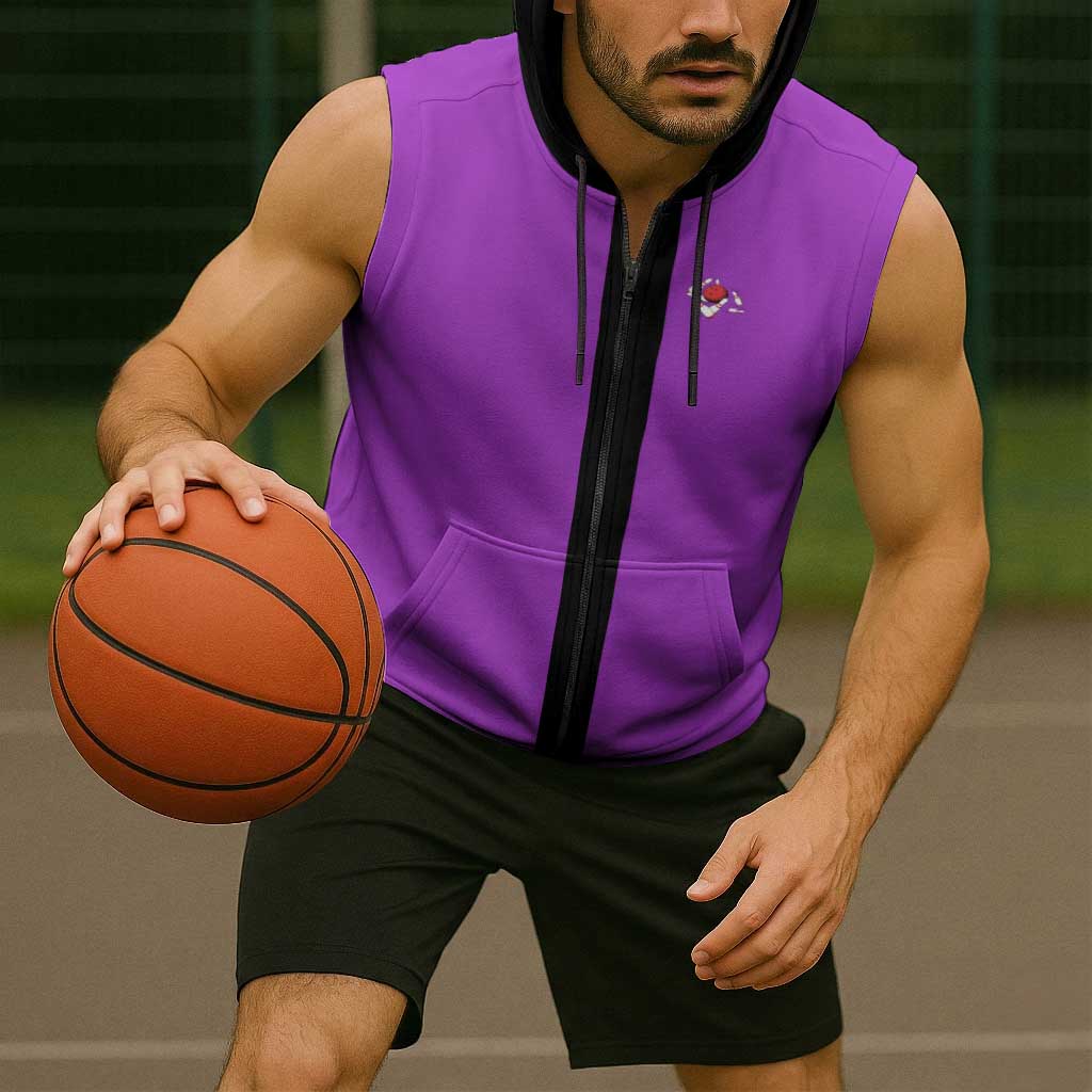 Personalized Purple Black Retro Bowling Sleeveless Zip Hoodie with Cartoon Strike - Wonder Print Shop