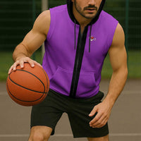 Personalized Purple Black Retro Bowling Sleeveless Zip Hoodie with Cartoon Strike - Wonder Print Shop