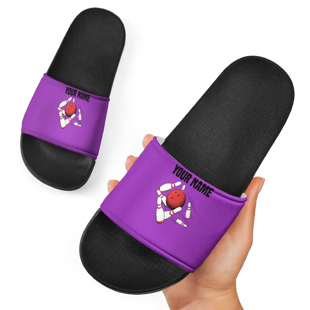 Personalized Purple Black Retro Bowling Slide Sandals with Cartoon Strike - Wonder Print Shop