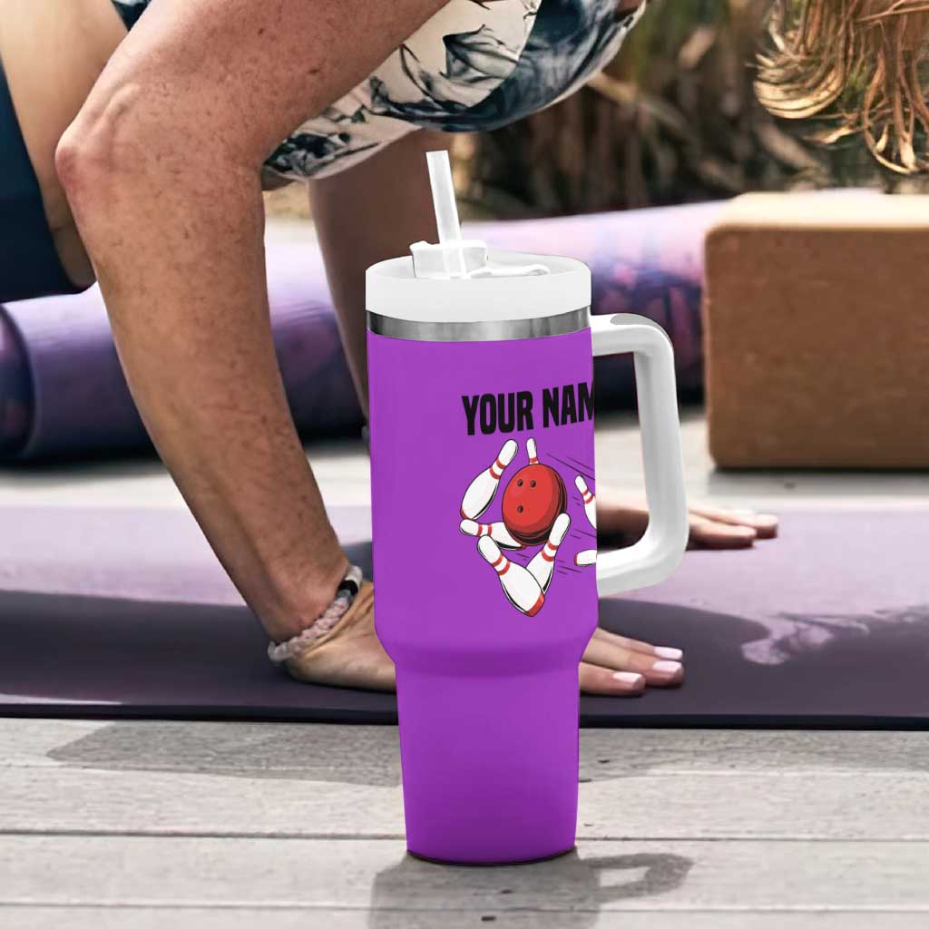 Personalized Purple Black Retro Bowling Tumbler With Handle with Cartoon Strike - Wonder Print Shop
