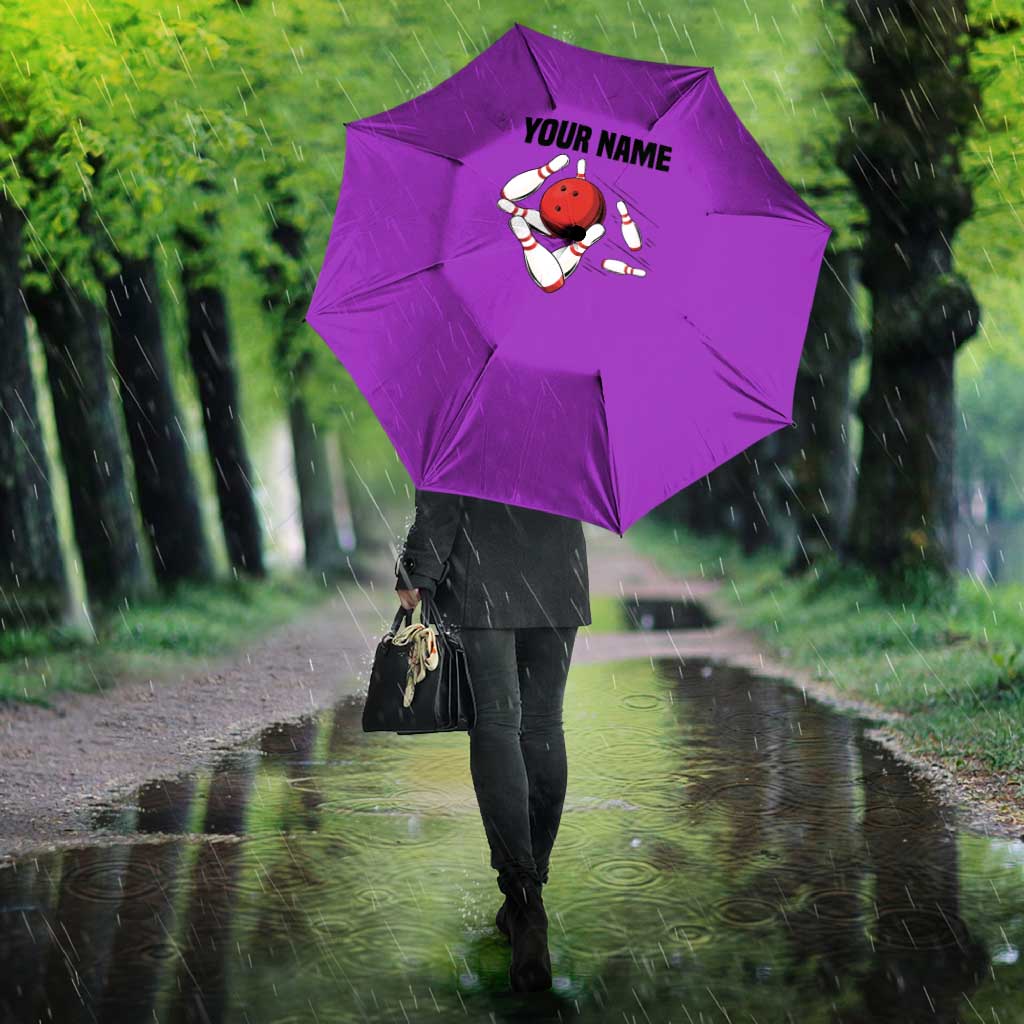 Personalized Purple Black Retro Bowling Umbrella with Cartoon Strike - Wonder Print Shop
