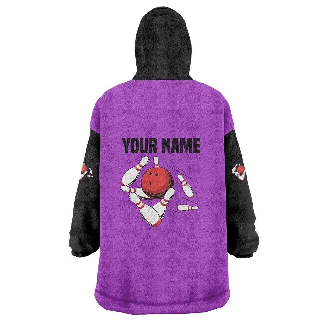 Personalized Purple Black Retro Bowling Wearable Blanket Hoodie with Cartoon Strike - Wonder Print Shop