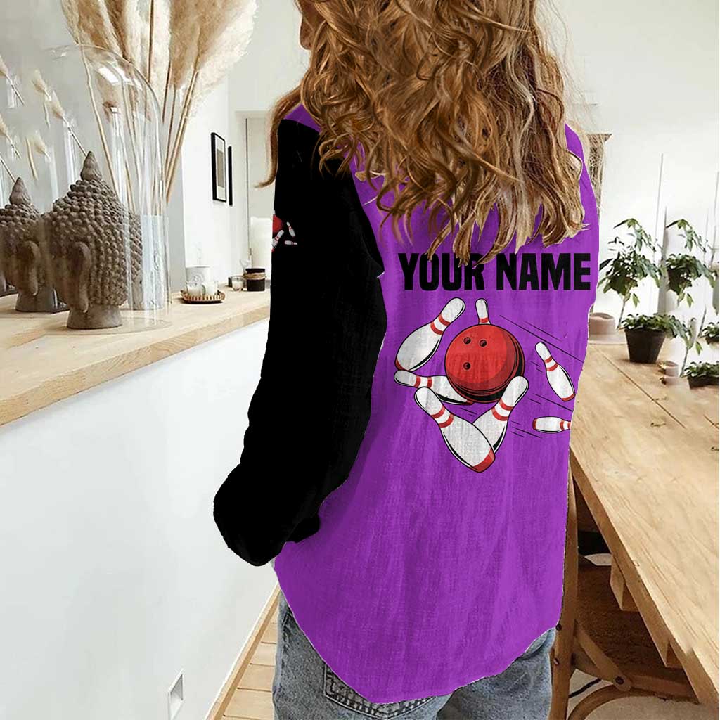 Personalized Purple Black Retro Bowling Women Casual Shirt with Cartoon Strike - Wonder Print Shop