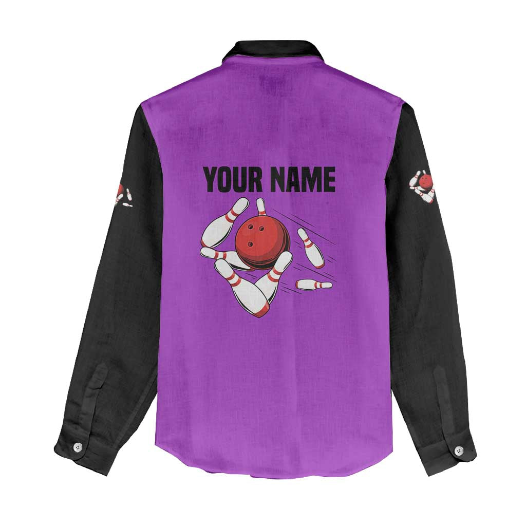 Personalized Purple Black Retro Bowling Women Casual Shirt with Cartoon Strike - Wonder Print Shop