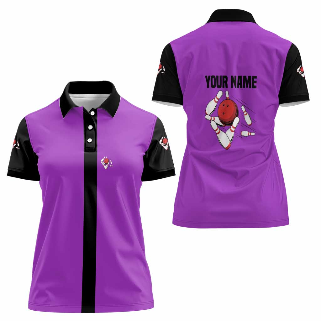 Personalized Purple Black Retro Bowling Women Polo Shirt with Cartoon Strike - Wonder Print Shop