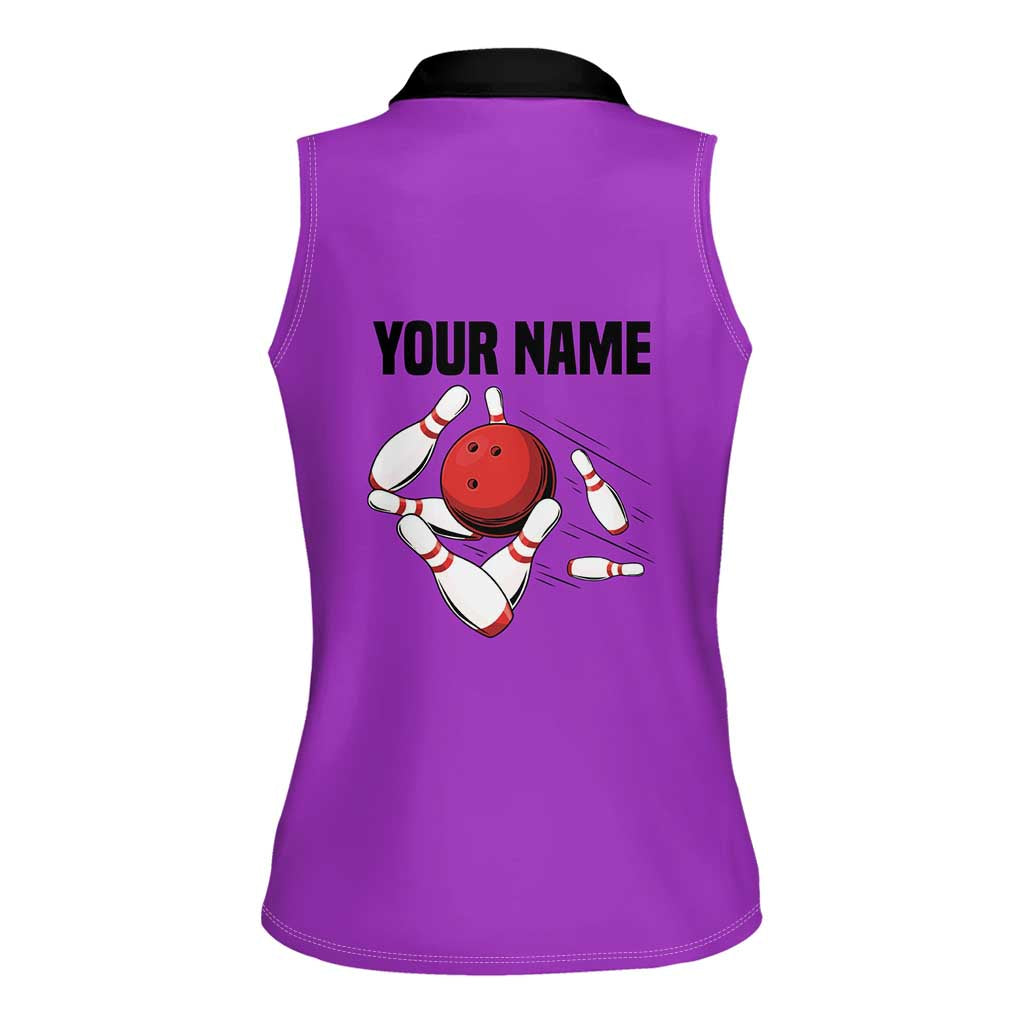 Personalized Purple Black Retro Bowling Women Sleeveless Polo Shirt with Cartoon Strike - Wonder Print Shop