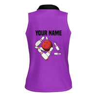 Personalized Purple Black Retro Bowling Women Sleeveless Polo Shirt with Cartoon Strike - Wonder Print Shop