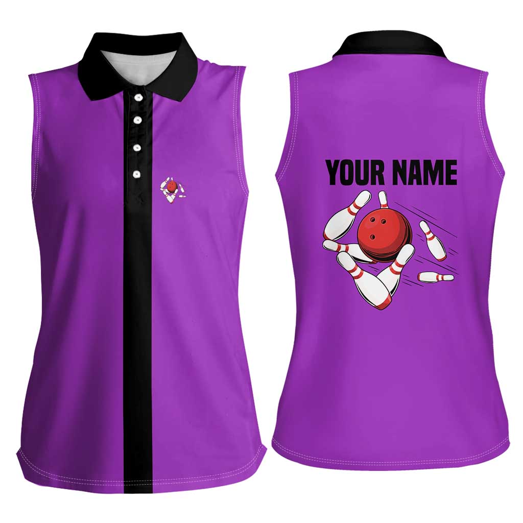 Personalized Purple Black Retro Bowling Women Sleeveless Polo Shirt with Cartoon Strike - Wonder Print Shop