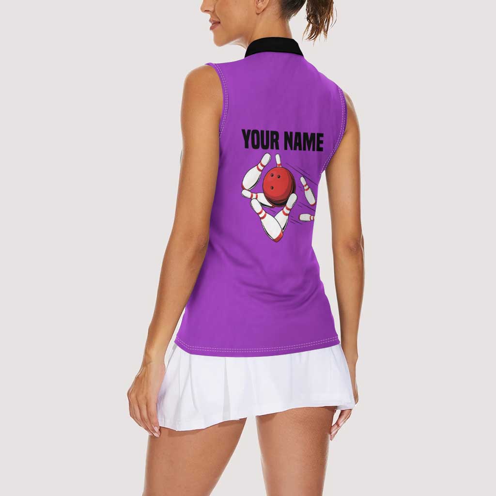 Personalized Purple Black Retro Bowling Women Sleeveless Polo Shirt with Cartoon Strike - Wonder Print Shop