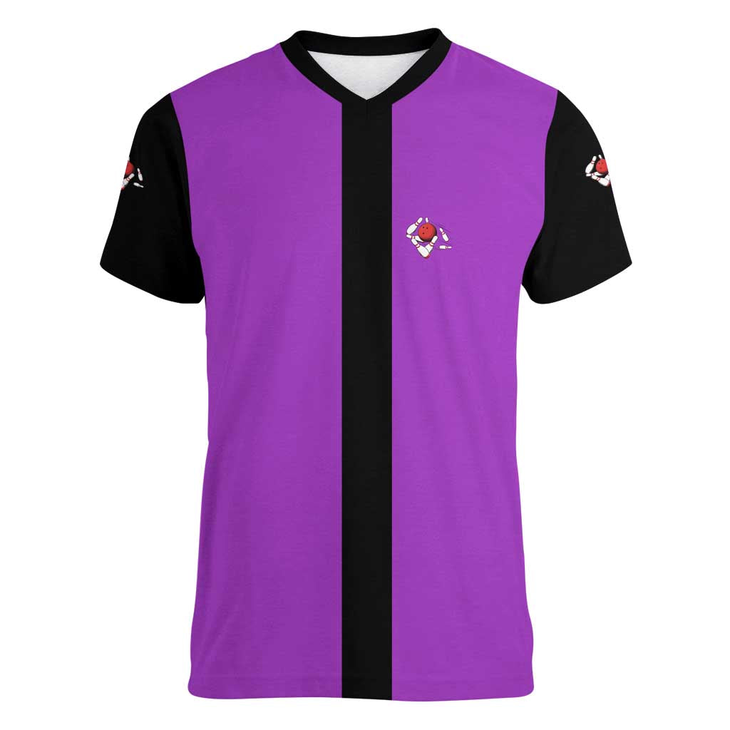 Personalized Purple Black Retro Bowling Women V-Neck T-Shirt with Cartoon Strike - Wonder Print Shop