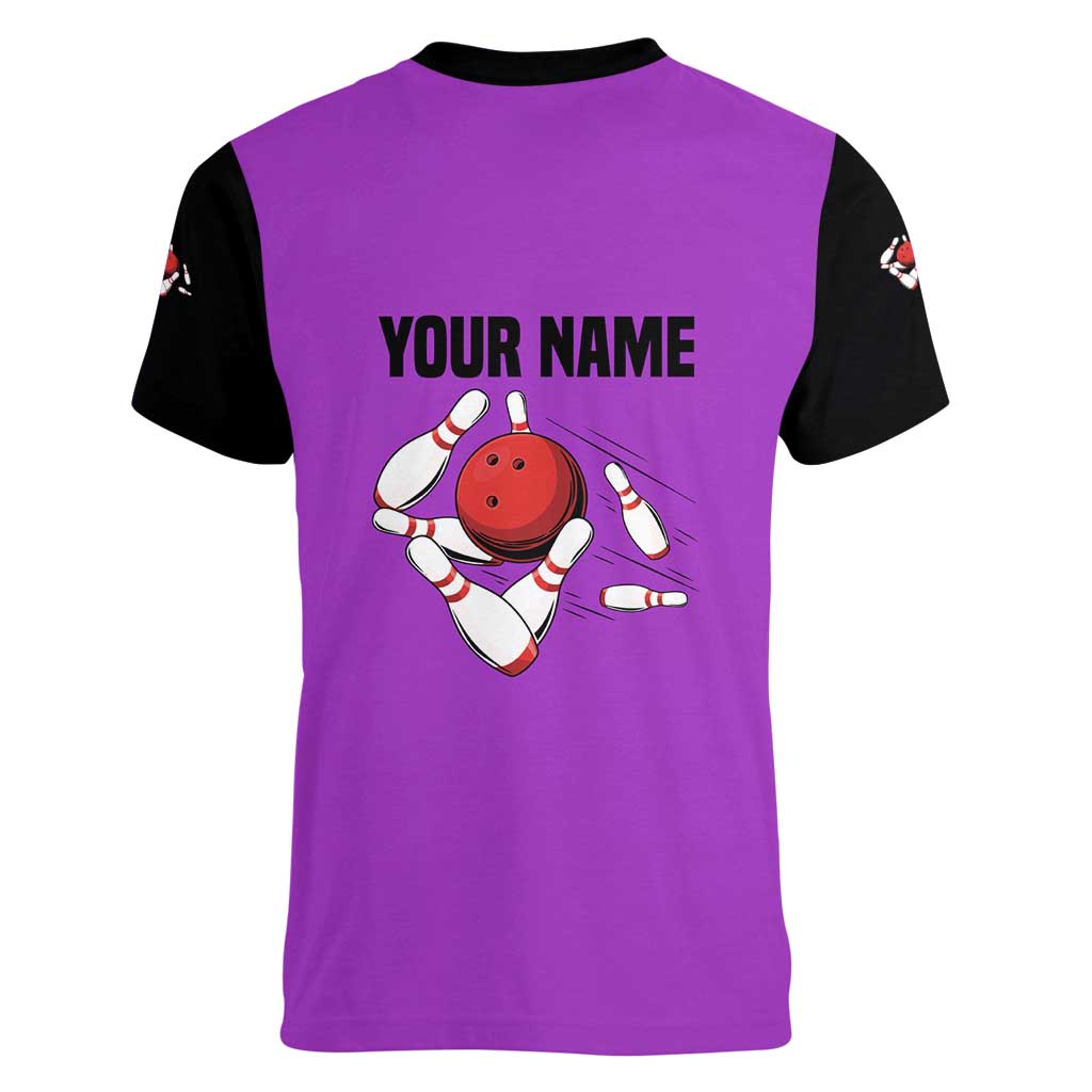 Personalized Purple Black Retro Bowling Women V-Neck T-Shirt with Cartoon Strike - Wonder Print Shop