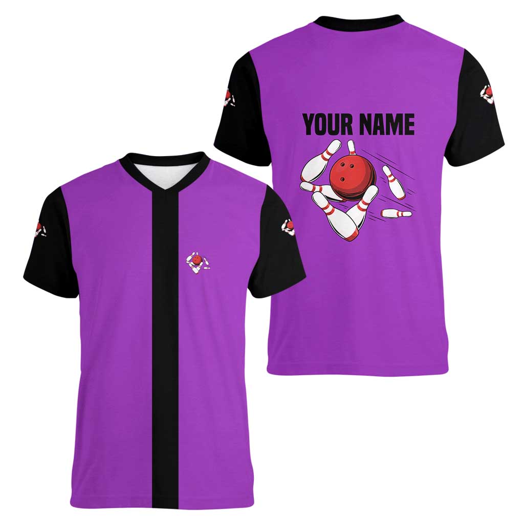 Personalized Purple Black Retro Bowling Women V-Neck T-Shirt with Cartoon Strike - Wonder Print Shop