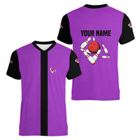 Personalized Purple Black Retro Bowling Women V-Neck T-Shirt with Cartoon Strike - Wonder Print Shop
