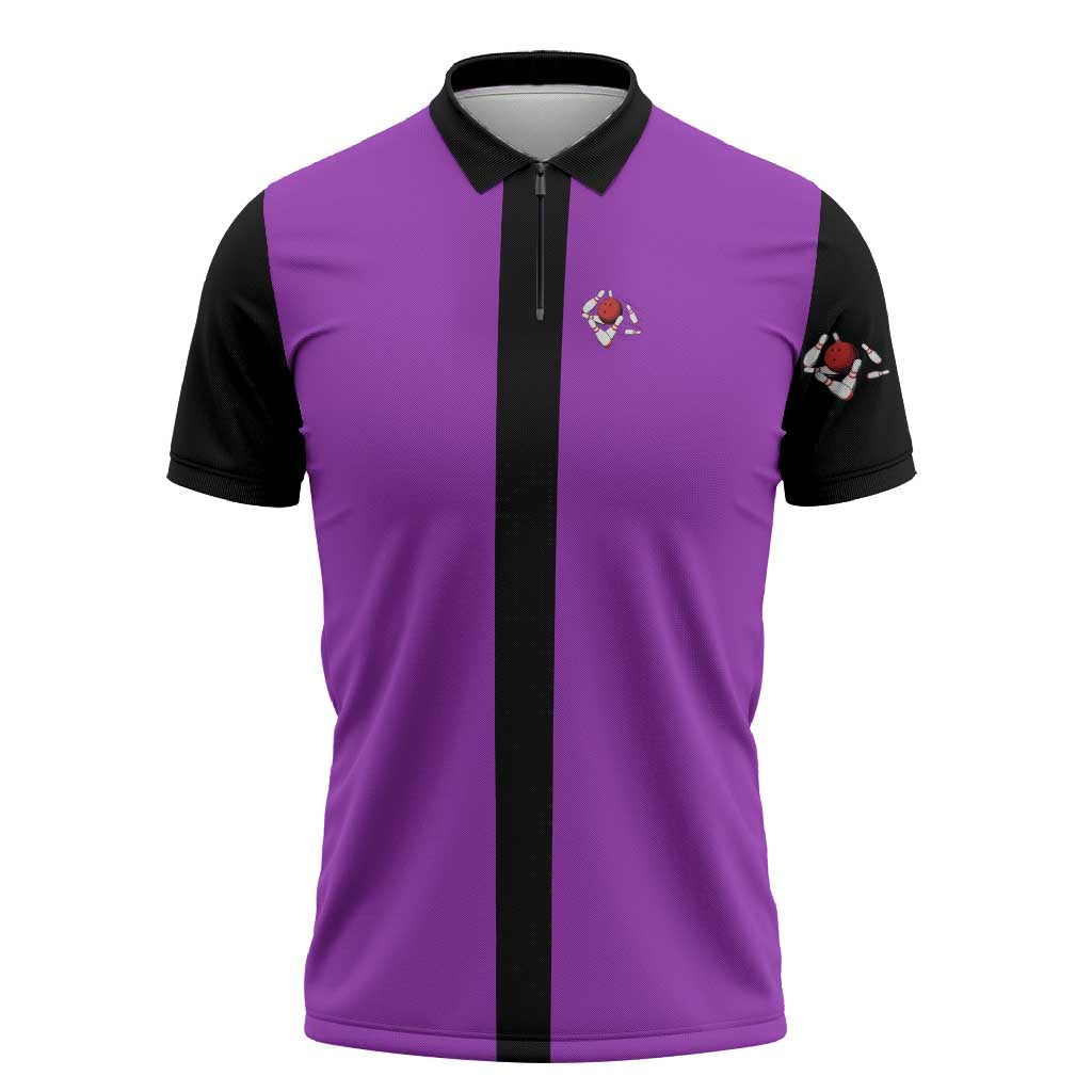 Personalized Purple Black Retro Bowling Zipper Polo Shirt with Cartoon Strike - Wonder Print Shop