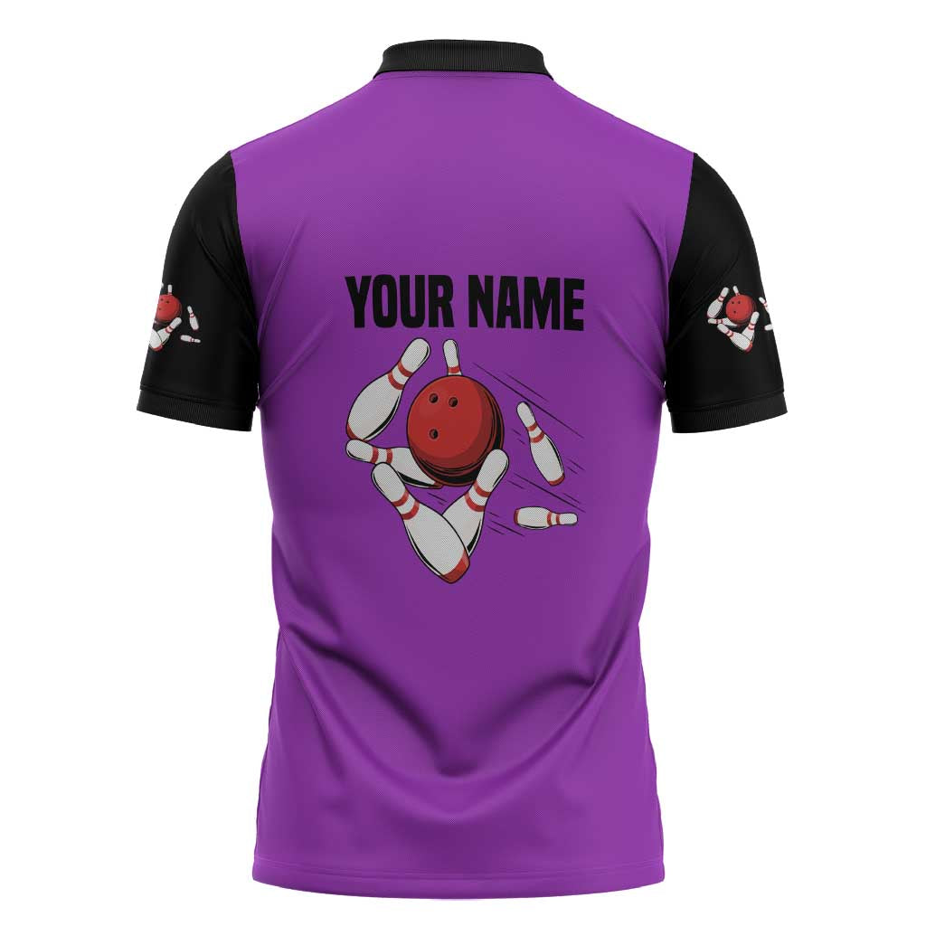 Personalized Purple Black Retro Bowling Zipper Polo Shirt with Cartoon Strike - Wonder Print Shop