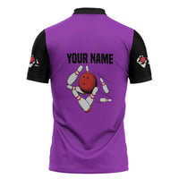 Personalized Purple Black Retro Bowling Zipper Polo Shirt with Cartoon Strike - Wonder Print Shop