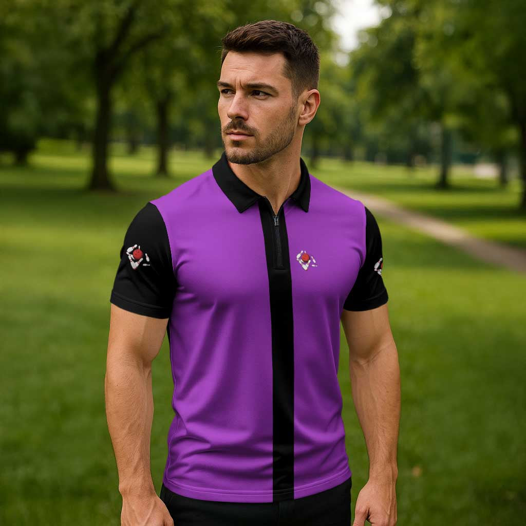 Personalized Purple Black Retro Bowling Zipper Polo Shirt with Cartoon Strike - Wonder Print Shop
