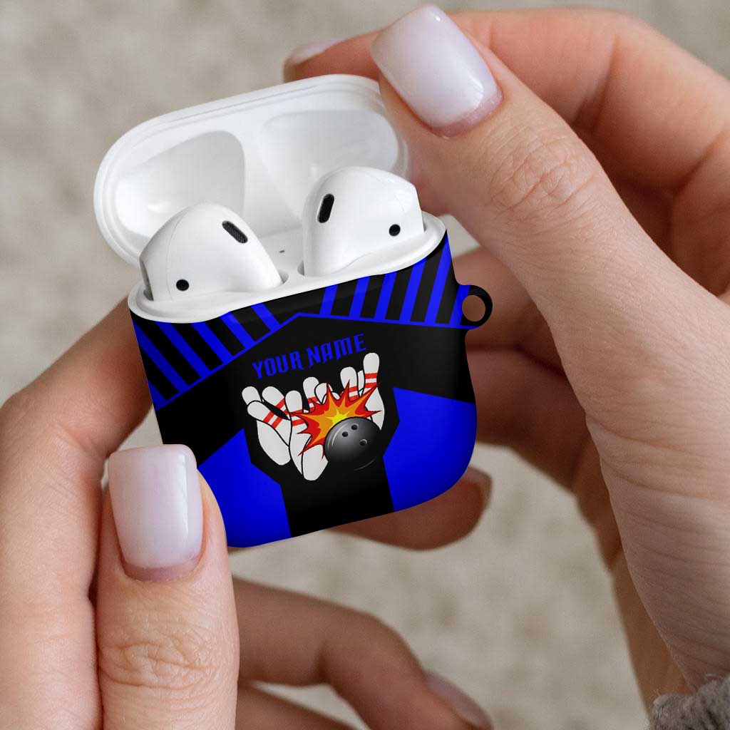 Custom Blue and Black Bowling AirPods Case with Exploding Strike Design Pin Graphics - Wonder Print Shop