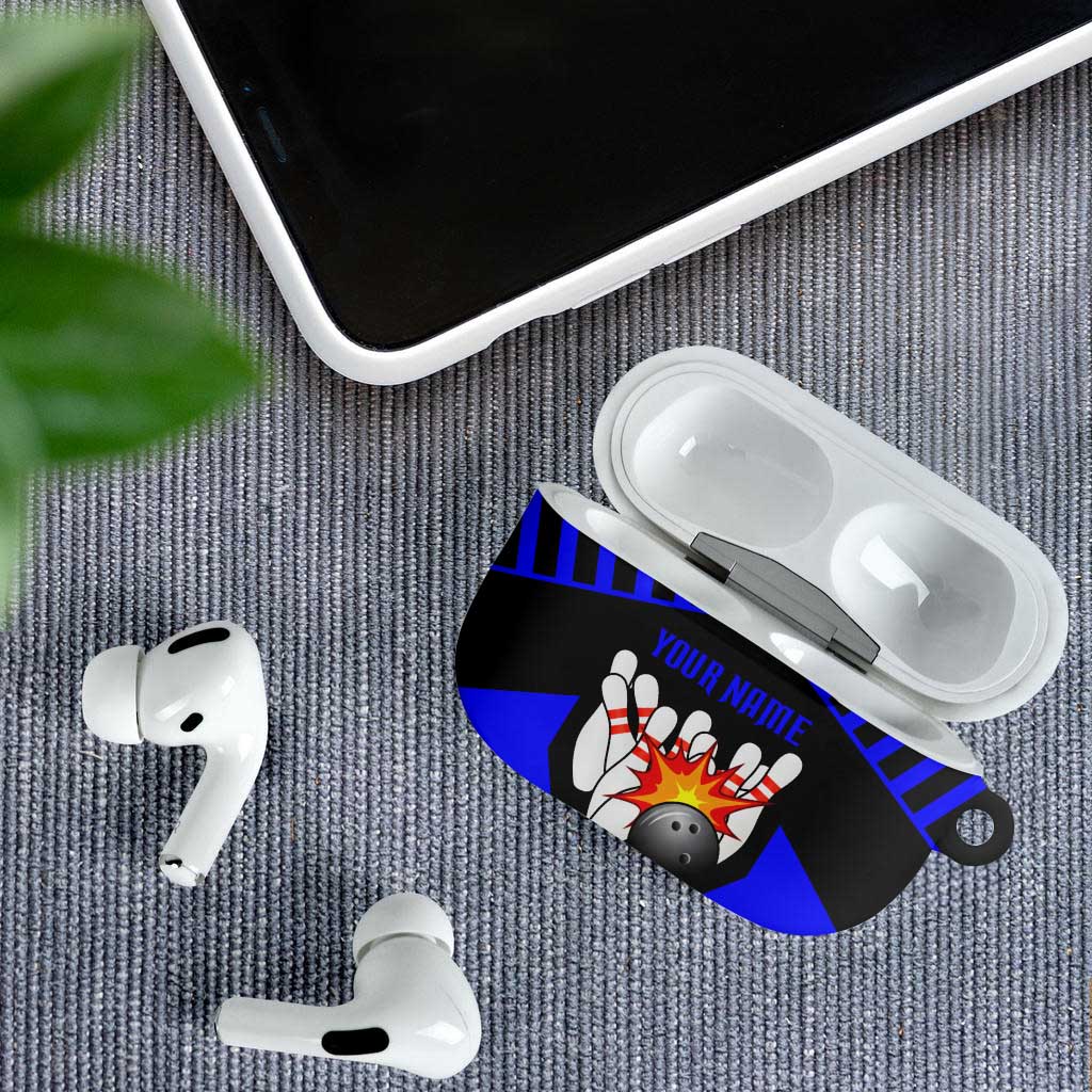 Custom Blue and Black Bowling AirPods Case with Exploding Strike Design Pin Graphics - Wonder Print Shop