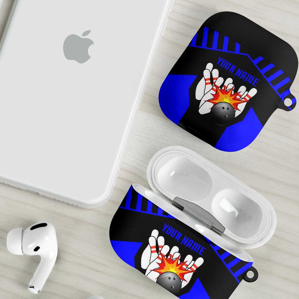 Custom Blue and Black Bowling AirPods Case with Exploding Strike Design Pin Graphics - Wonder Print Shop
