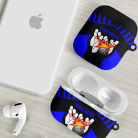 Custom Blue and Black Bowling AirPods Case with Exploding Strike Design Pin Graphics - Wonder Print Shop