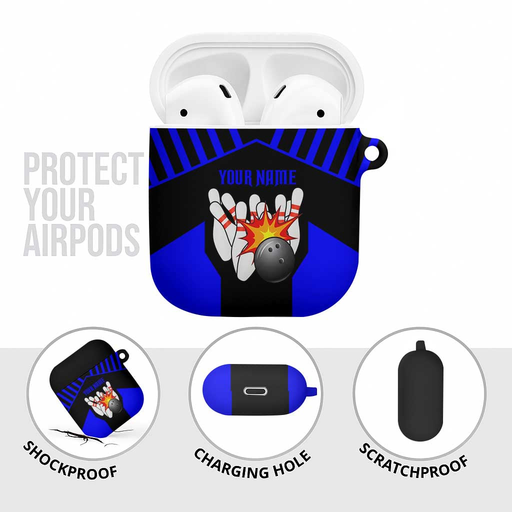 Custom Blue and Black Bowling AirPods Case with Exploding Strike Design Pin Graphics - Wonder Print Shop