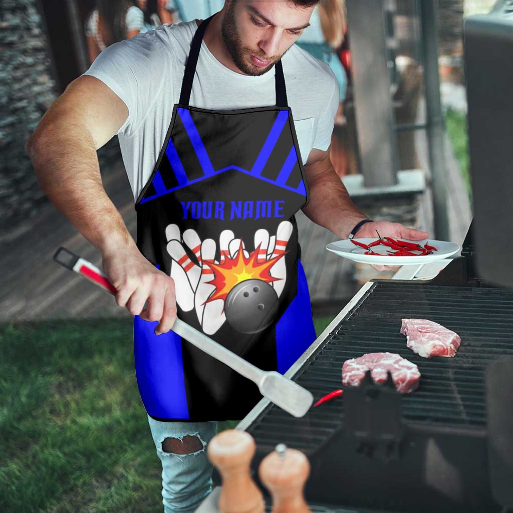 Custom Blue and Black Bowling Apron with Exploding Strike Design Pin Graphics - Wonder Print Shop