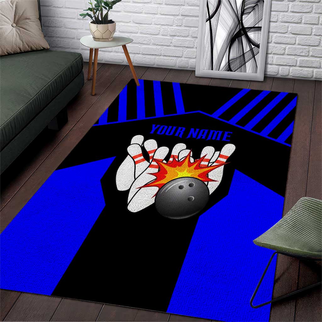 Custom Blue and Black Bowling Area Rug with Exploding Strike Design Pin Graphics - Wonder Print Shop