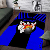 Custom Blue and Black Bowling Area Rug with Exploding Strike Design Pin Graphics - Wonder Print Shop