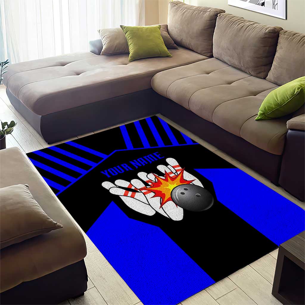 Custom Blue and Black Bowling Area Rug with Exploding Strike Design Pin Graphics - Wonder Print Shop