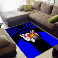 Custom Blue and Black Bowling Area Rug with Exploding Strike Design Pin Graphics - Wonder Print Shop