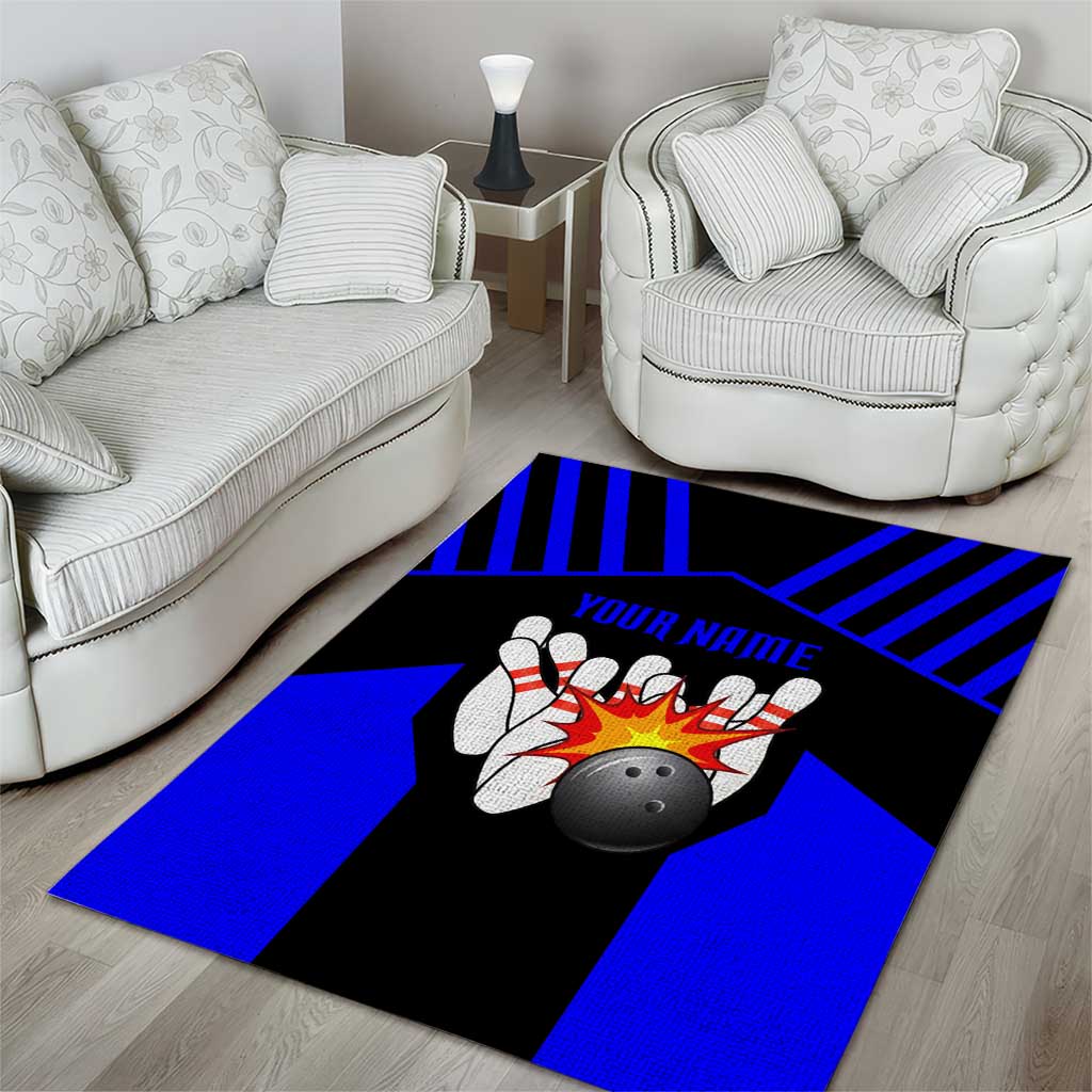 Custom Blue and Black Bowling Area Rug with Exploding Strike Design Pin Graphics - Wonder Print Shop