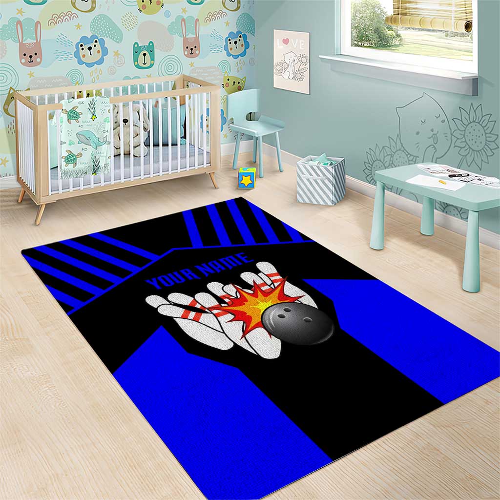 Custom Blue and Black Bowling Area Rug with Exploding Strike Design Pin Graphics - Wonder Print Shop