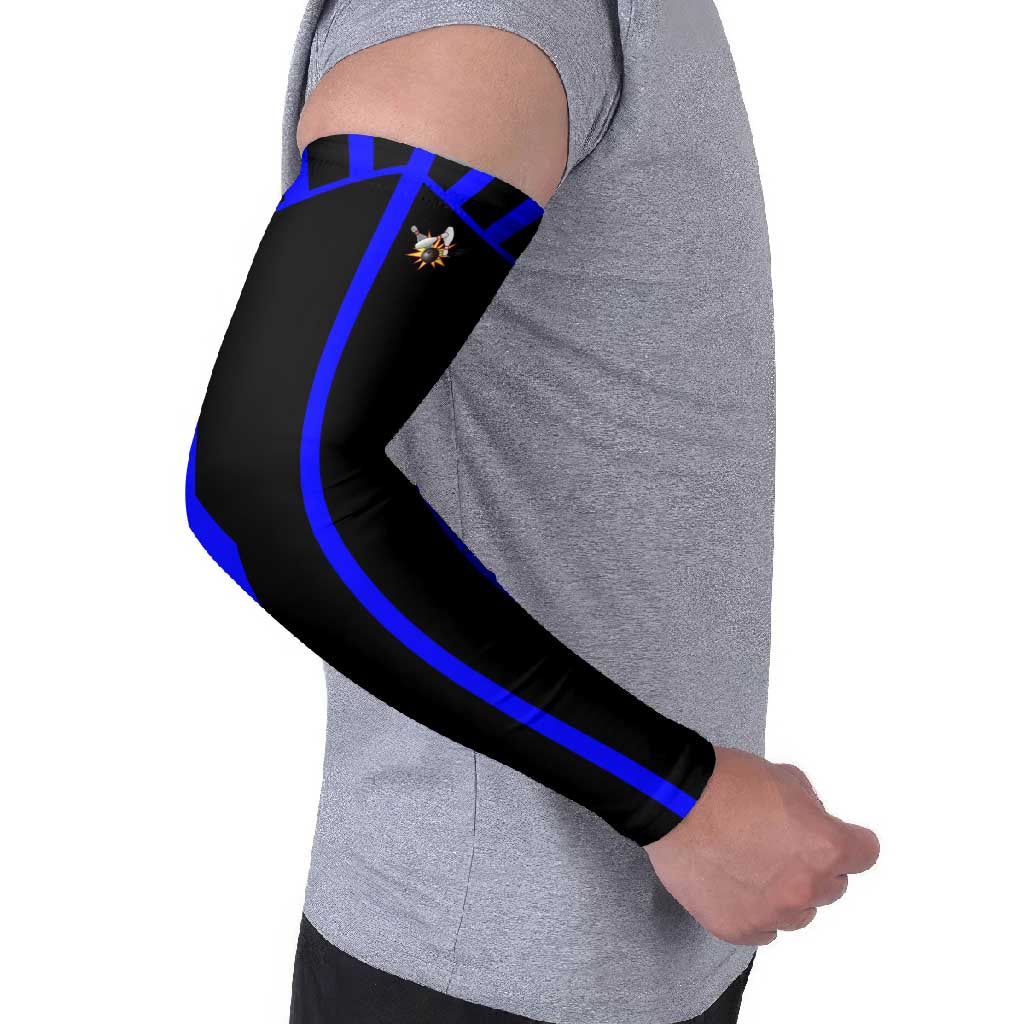 Custom Blue and Black Bowling Arm Sleeves with Exploding Strike Design Pin Graphics - Wonder Print Shop