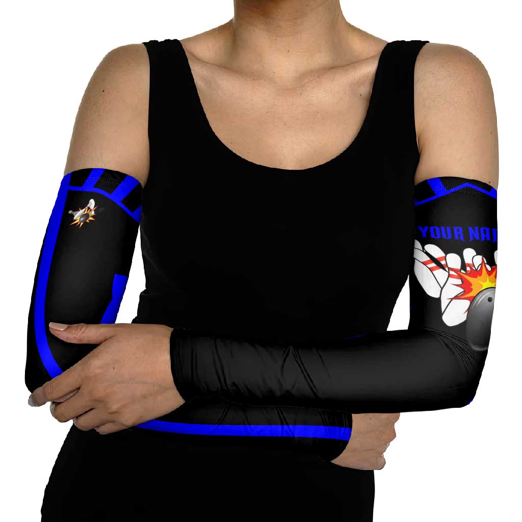 Custom Blue and Black Bowling Arm Sleeves with Exploding Strike Design Pin Graphics - Wonder Print Shop