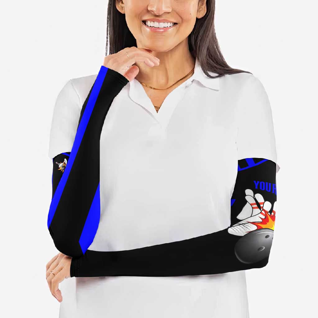 Custom Blue and Black Bowling Arm Sleeves with Exploding Strike Design Pin Graphics - Wonder Print Shop