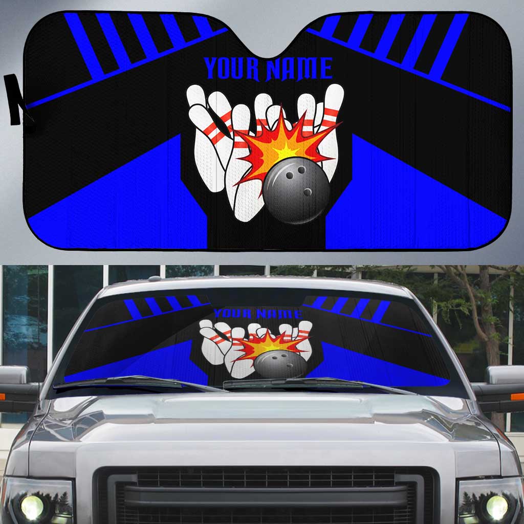 Custom Blue and Black Bowling Auto Sun Shade with Exploding Strike Design Pin Graphics - Wonder Print Shop